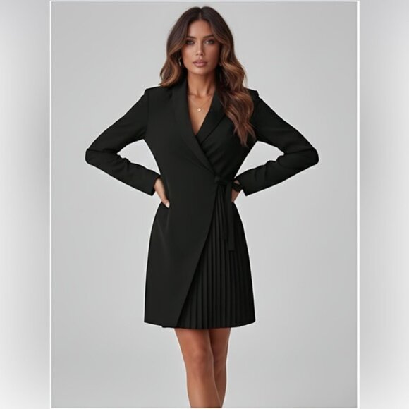 Shawl Collar Pleated Detail Knot Side Wrap Dress Black - Picture 1 of 6